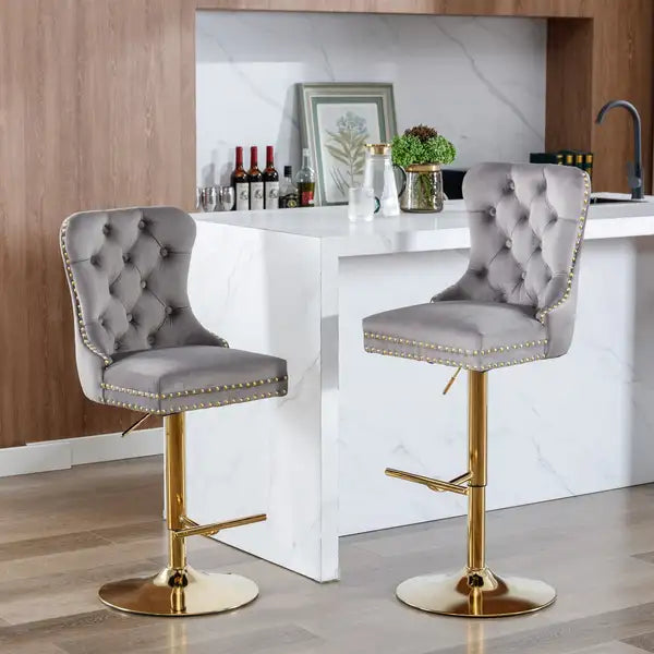 Gray Velvet Bar Stools with Backs - Adjustable Height, Set of 2 for Kitchen Island & Pub - Minihomy