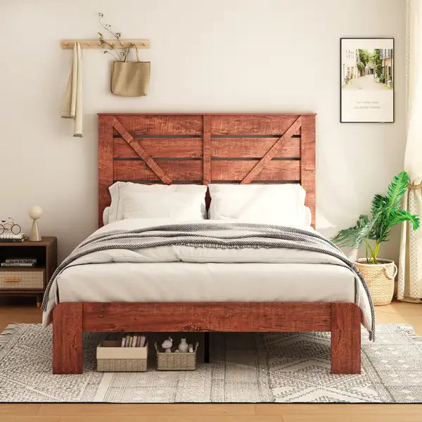 Wood Platform Bed Frame with Headboard - Noise-Free, No Box Spring, Easy Assembly, Large Storage, Vintage Brown