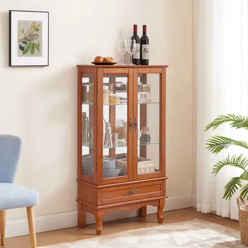 Oak Glass Wine Cabinet with LED Lighting, Adjustable Shelves & Drawer