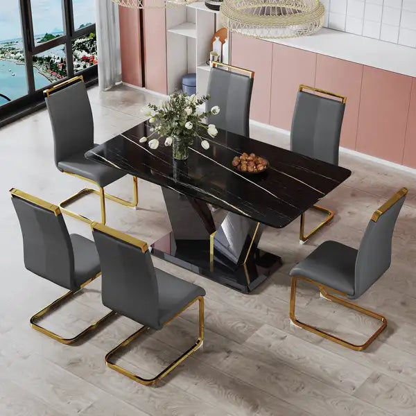 Modern Dining Table Set with Black Marble Glass Top and Comfortable PU Chairs - Minihomy