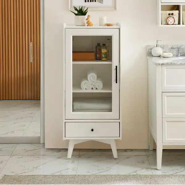 White Bathroom Storage Cabinet with Glass Door & Drawer - 19.75"x13.75"x46"