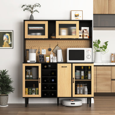 Farmhouse Buffet Sideboard Cabinet with Wine Rack, Power Outlet & Storage - 59" Black & Natural