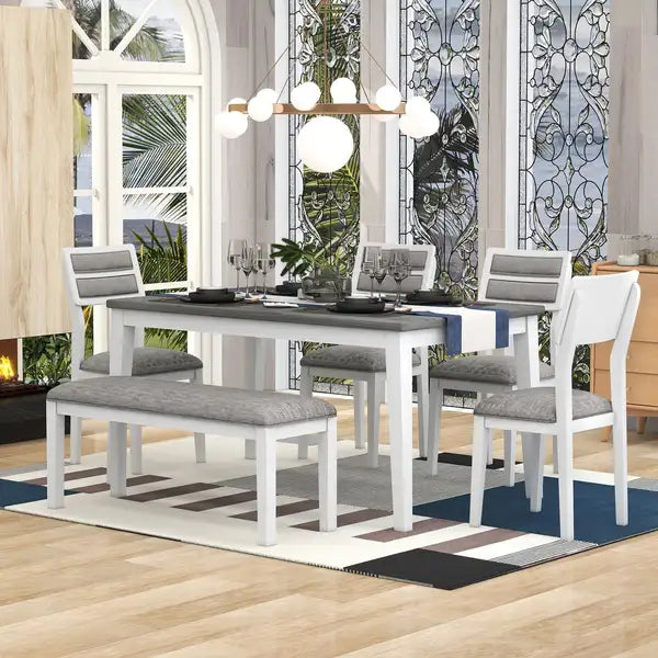 6-Piece Dining Set with Table, Chairs & Bench - Classic White & Gray - TREXM - Minihomy