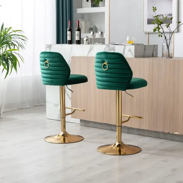 Modern Velvet Bar Stools Set of 2, Adjustable Counter Height, Tufted High Back, Green & Gold - Minihomy