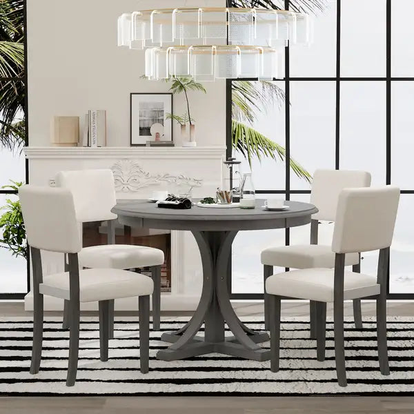 5-Piece Retro Round Dining Table Set with Upholstered Chairs - Dark Gray