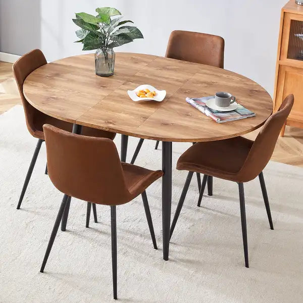 Modern Extendable Dining Table & 4 Suede Chairs - Telescopic Design, Black Metal Legs