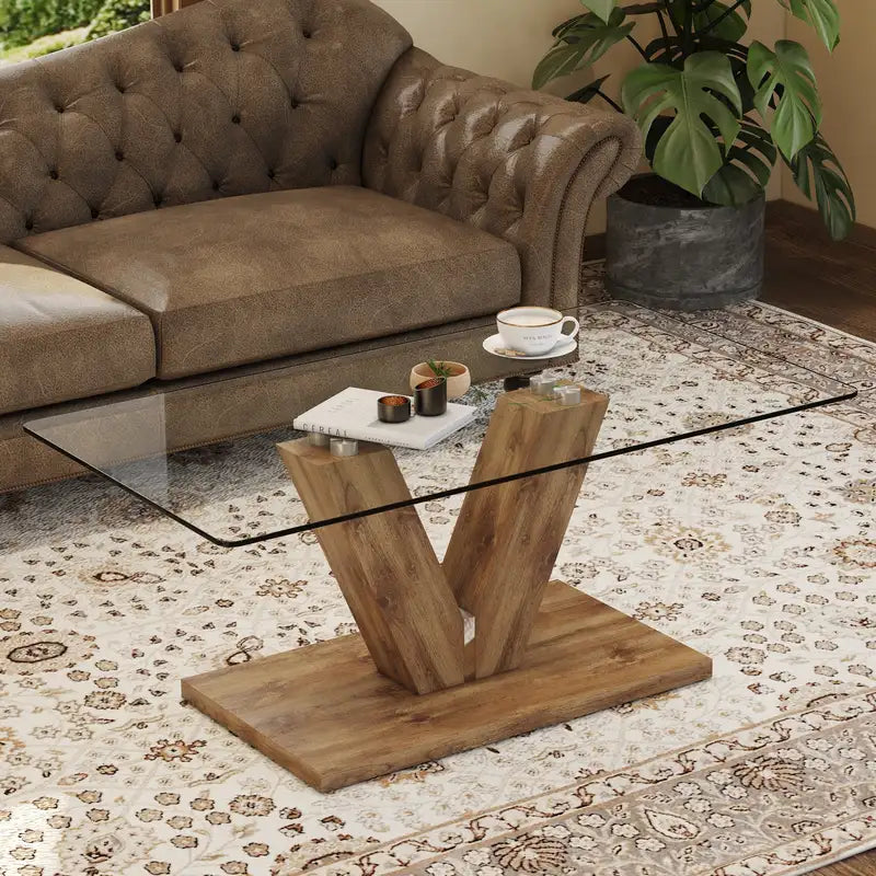 Modern Glass Coffee Table with Wooden Legs - Living Room & Dining Room - CT-V