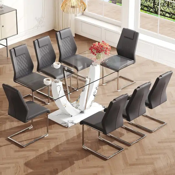 Modern Glass Dining Table & Chair Set for 6-8 People - Tempered Glass Top, MDF Legs, Comfortable Chairs - Minihomy