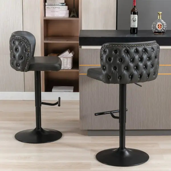 Modern Swivel Bar Stools | Adjustable Height | PU Upholstered | Tufted Back | Dark Gray (Set of 2) - Minihomy