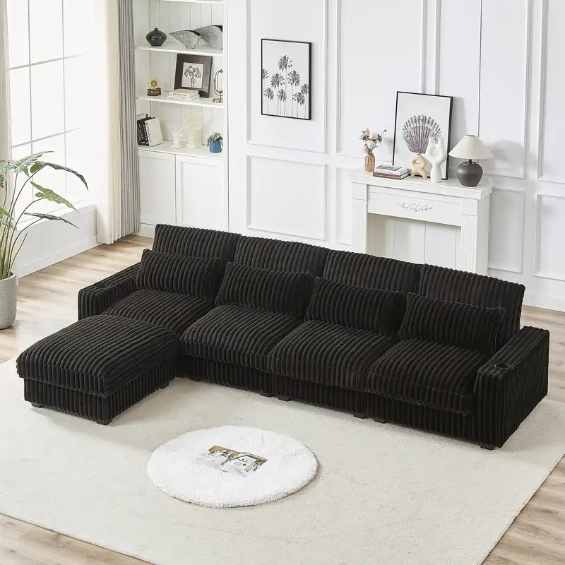 L-Shaped Sectional Sofa - 126", Corduroy, Cup Holders, USB Charging