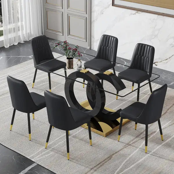 Modern Minimalist Glass Dining Table for 6-8 | Black Metal Base & Tempered Glass Top - Minihomy