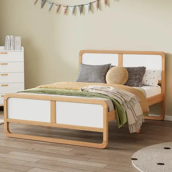 Queen Size Solid Wood Platform Bed - Modern Style, Walnut & White, No Box Spring Needed (Kids, Teens, Adults)