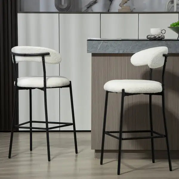 26" Counter Height Bar Stools with Teddy Fabric Cover - Black Base & Footrest (Snow) - Minihomy