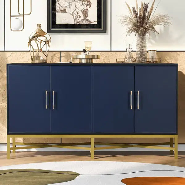 Modern 4-Door Sideboard with Metal & Cross-Leg Design - Living Room, Entryway, Study