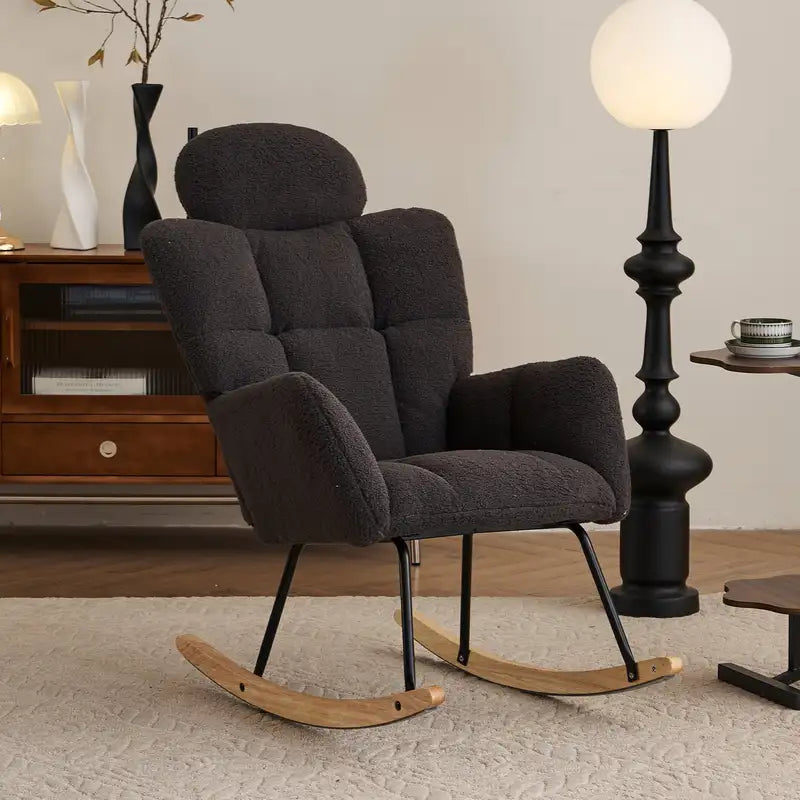 Mid-Century Modern Rocking Glider Chair - Dark Gray Teddy Fabric