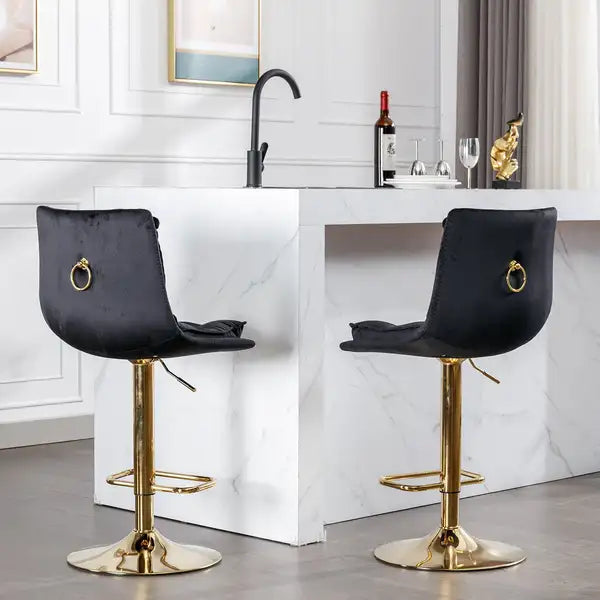 Adjustable Swivel Bar Stools Set of 2, Velvet Seat with Chrome Base & Footrest, Black & Gold - Minihomy