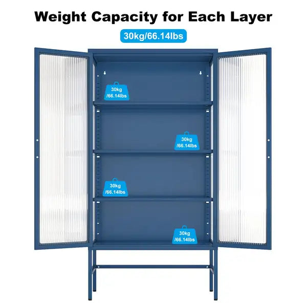 Blue Steel Storage Cabinet - Double Glass Doors, Adjustable Shelves