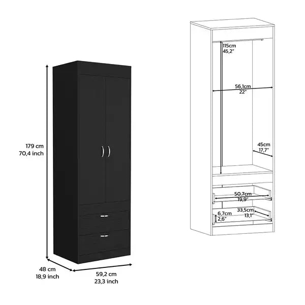 Armoire Tarento | 2 Drawer Black Wengue Finish Wardrobe - Minihomy