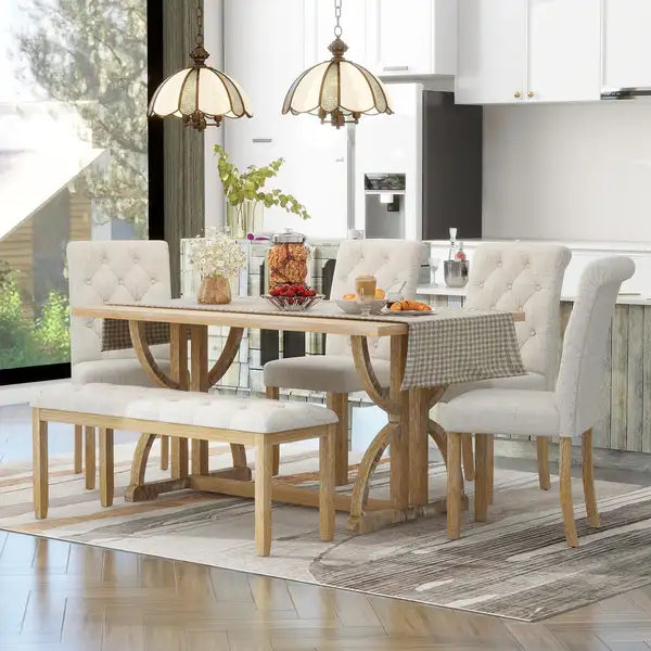 TREXM 6-Piece Retro Dining Set - Rectangular Table, Unique Legs, 4 Chairs & Bench (Natural Wood Wash)