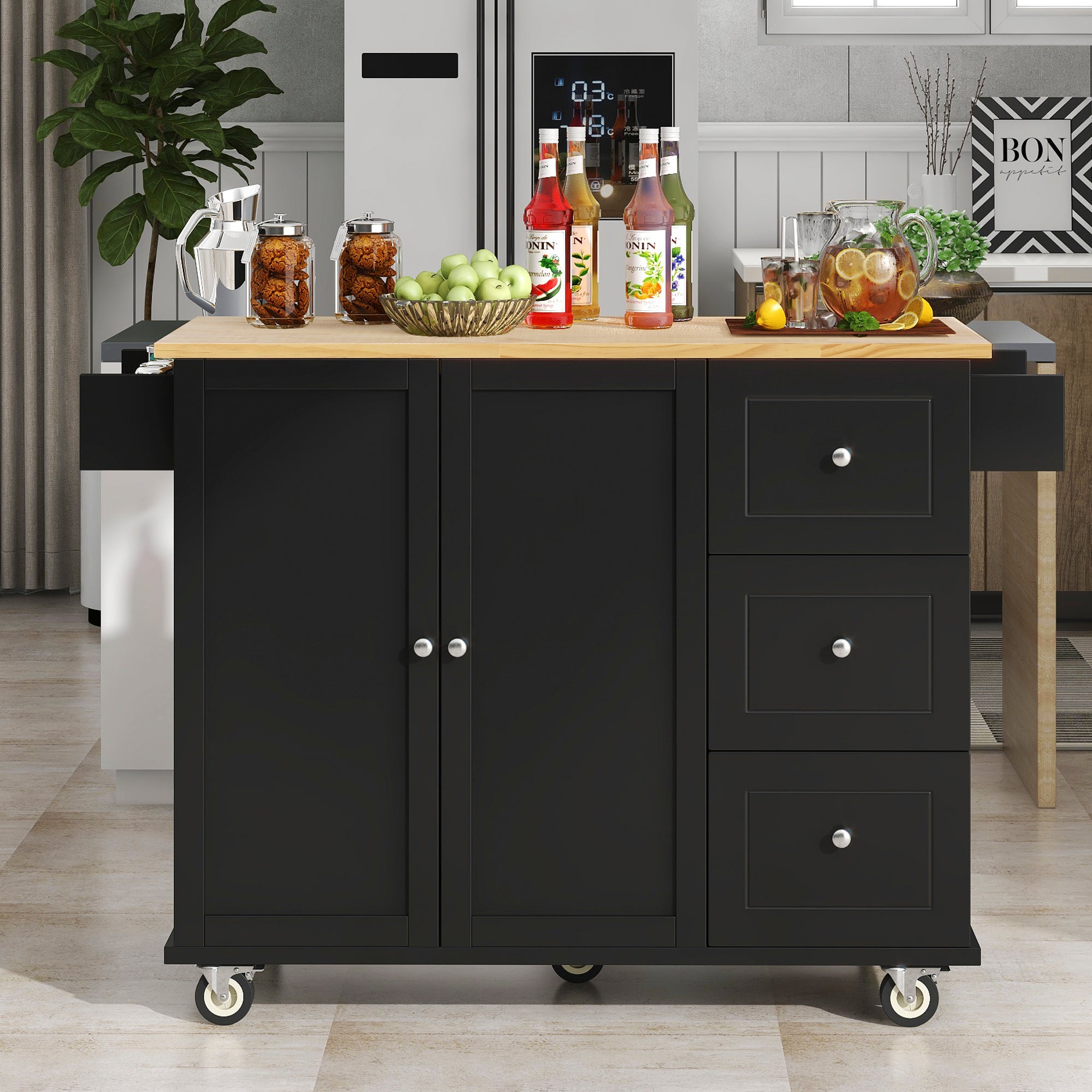 Mobile Kitchen Island with Solid Wood Top, Storage, Breakfast Bar, & Locking Wheels (Black)