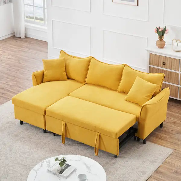 80" Yellow Corduroy L-Shaped Sofa Bed with Storage & Pillows