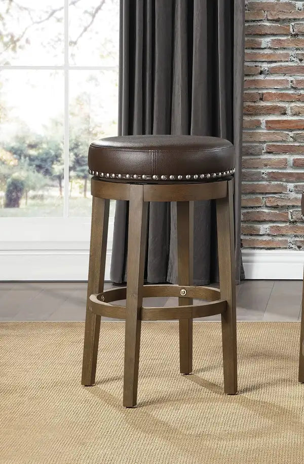 Brown Faux Leather Swivel Bar Stools (Set of 2) - Nailhead Trim