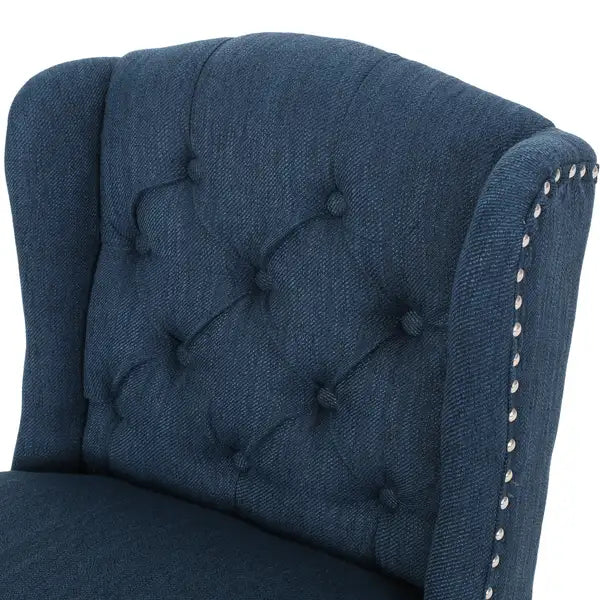 Navy Blue & Dark Brown Tufted Wingback Counter Stools (Set of 2) - 31 Inch Vienna Contemporary Fabric - Minihomy