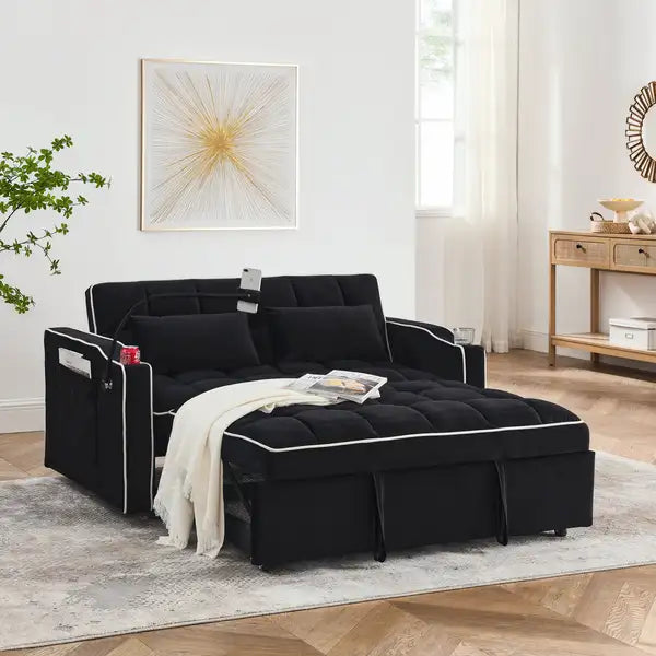 Foldable Sofa Bed with USB, Ashtray & Phone Stand - 55.51" Velvet