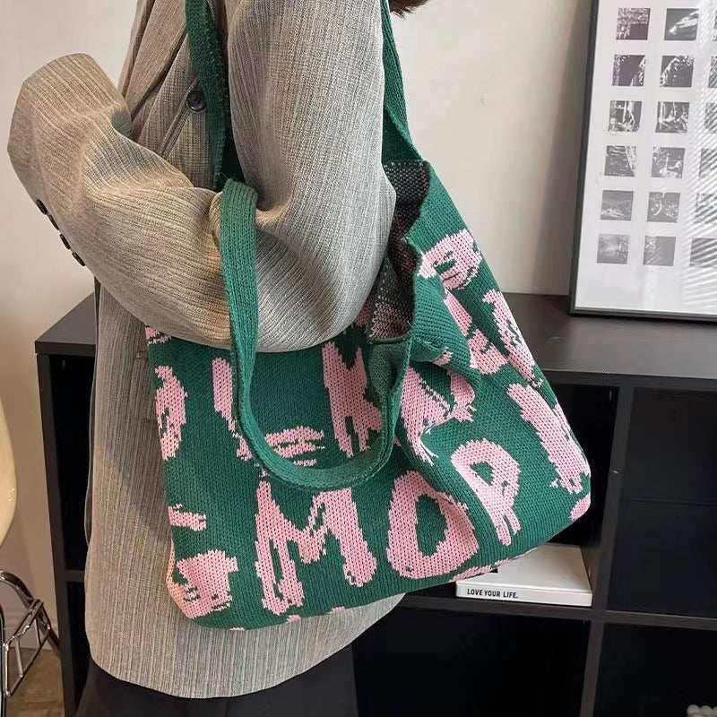 Letter Printed Knit Bag Shopping Shoulder Bag Large Capacity Handbag