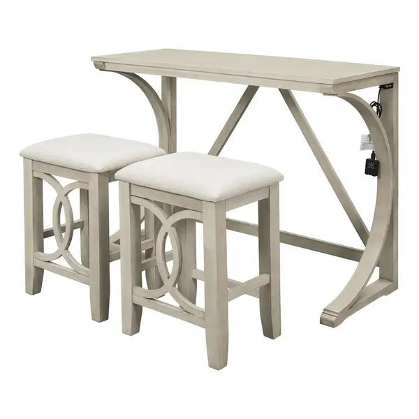 Farmhouse 3-Piece Counter Height Dining Set with USB Port & Upholstered Stools, Cream - Minihomy