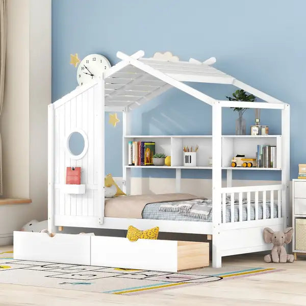 Twin Size Wooden House Bed with Storage | White Kids Bed with 2 Drawers