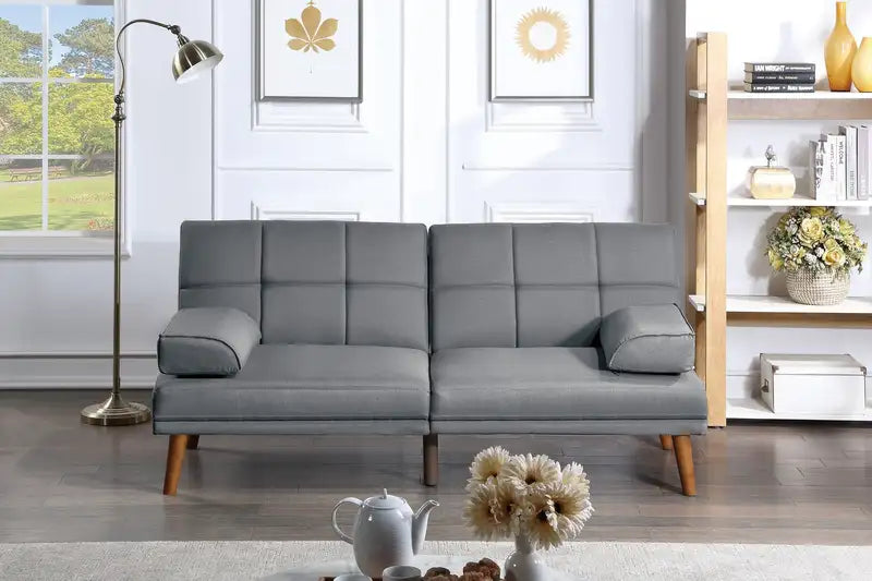 Blue Grey Tufted Sofa: Solid Wood Legs, Adjustable Comfort