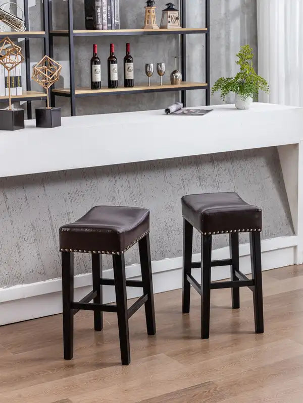 A&A Furniture Farmhouse Counter Height Bar Stools (Set of 2), 26 Inch Brown Faux Leather Backless - Minihomy