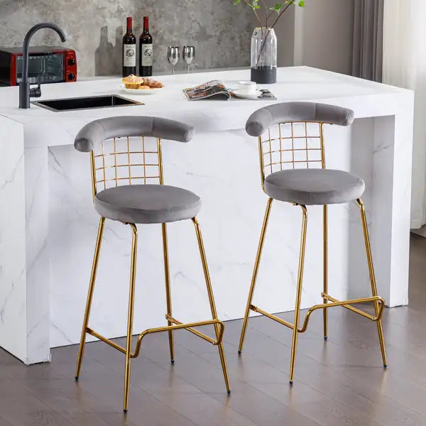 Luxury Velvet Bar Stools Set of 2, Grey - High Back, Metal Legs, Modern Kitchen Dining Chairs - Minihomy