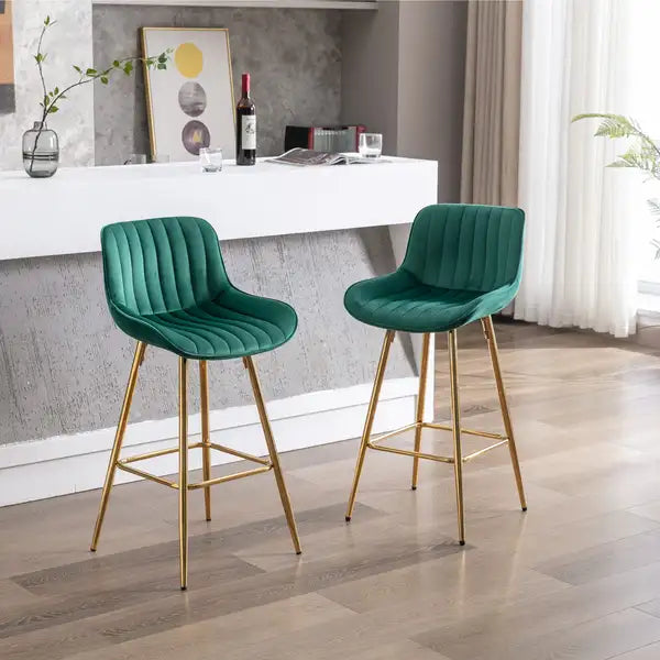 Set of 2 Green Velvet Bar Stools with Chrome Footrest - 26 Inch Counter Stools