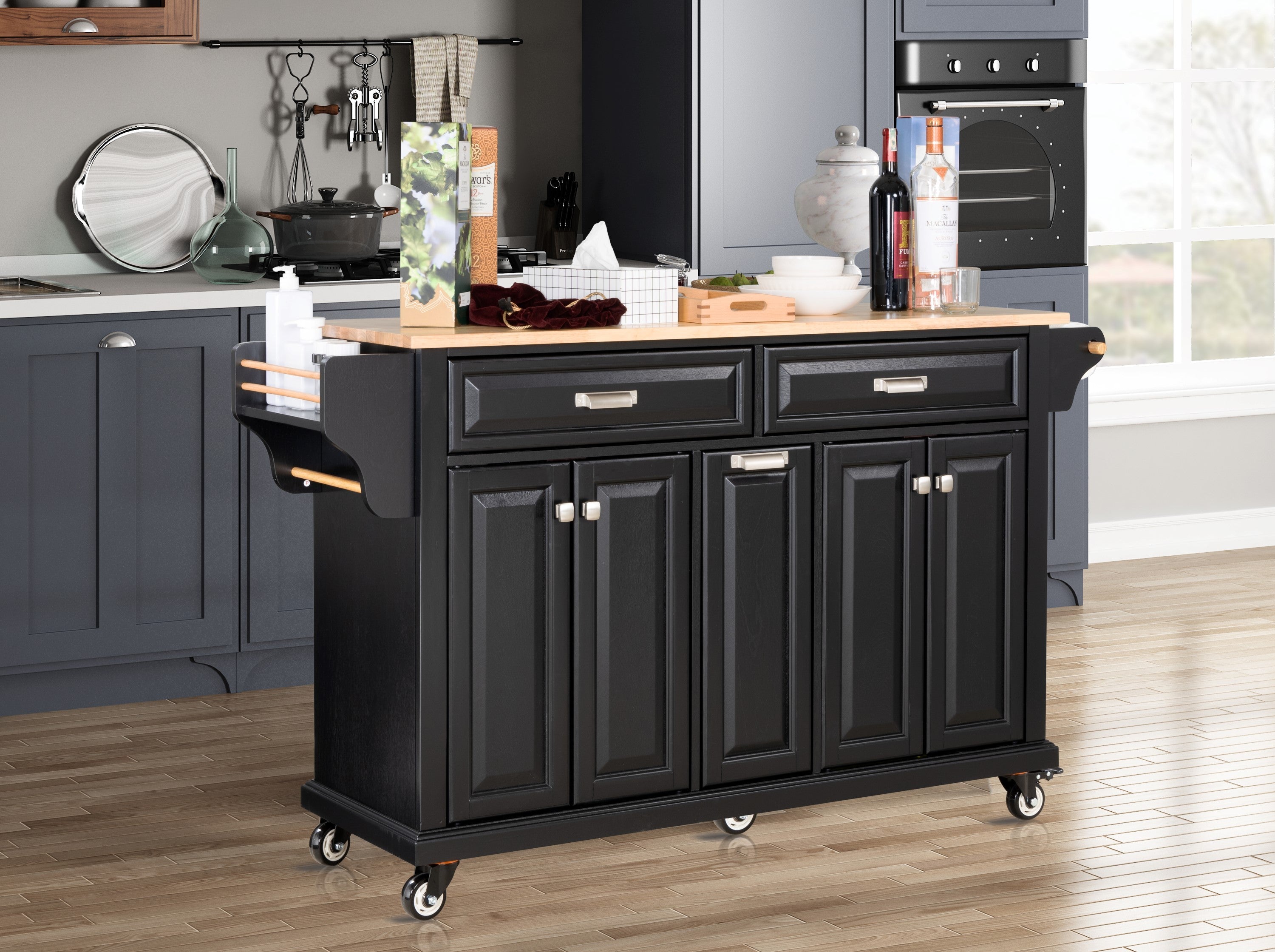 Black Kitchen Island Cart with Rubberwood Countertop, Storage Cabinet, 2 Drawers & Double Layer Drawer