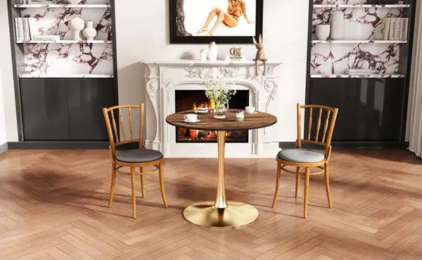 Round Tulip Dining Table - 80cm Nature Wood, Golden Leg, Seats 2-3 People