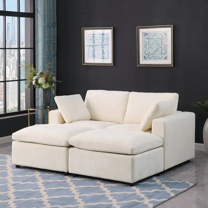 Beige Chenille Modular Sofa Sleeper & Ottomans (68.5")