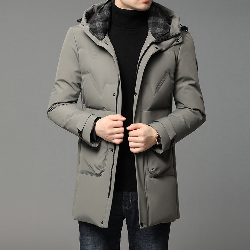 White Hooded Warm Jacket - Medium Length Down Jacket