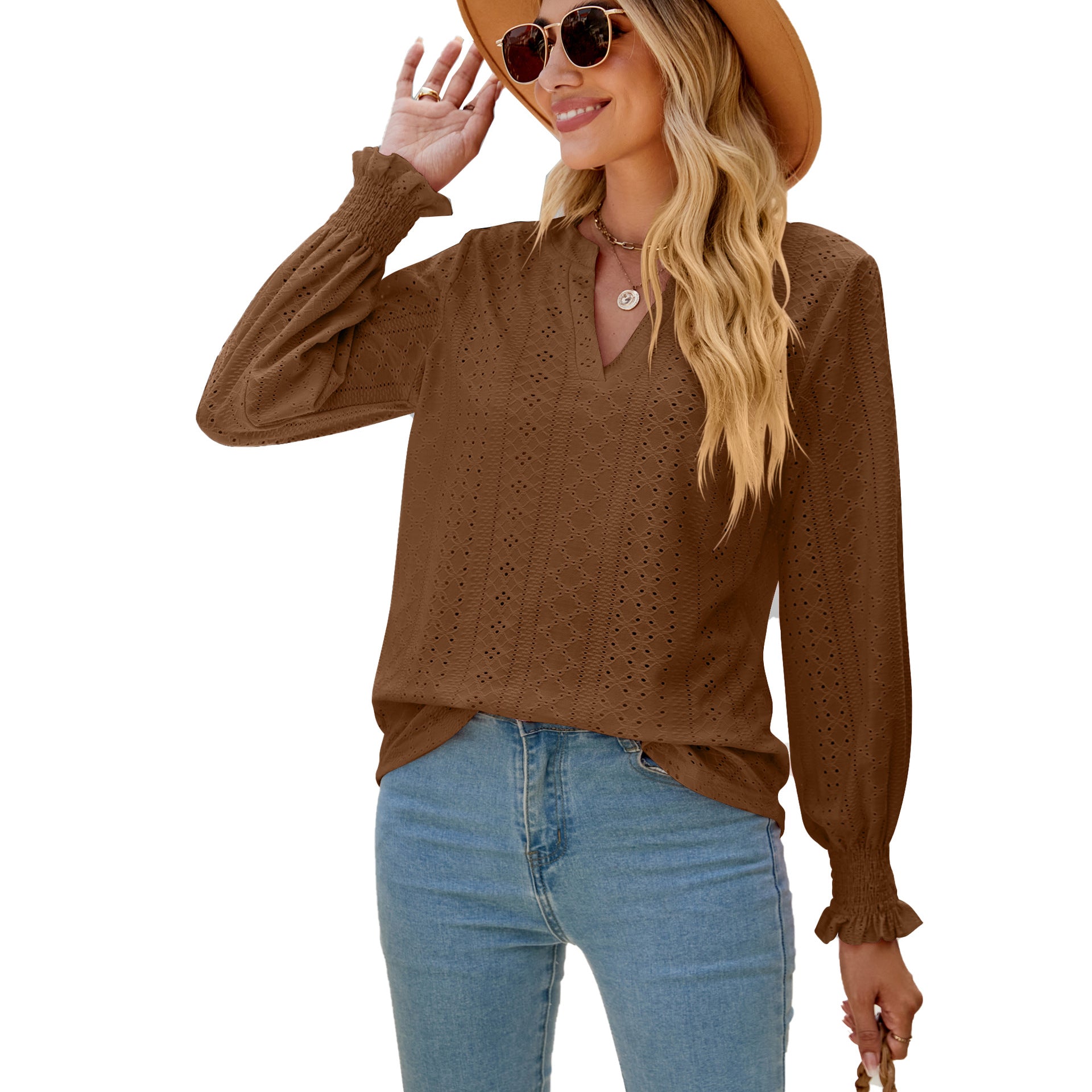 Solid Color Hollow-out Pleated Ruffle Shirt - V-neck Loose Long Sleeve Women's Top