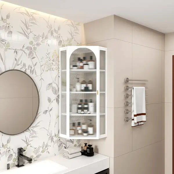 White Corner Wall Cabinet with 4-Tier Glass Door Storage