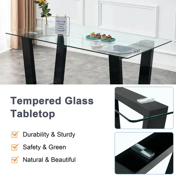 Modern Dining Table and Chair Set - Tempered Glass Top, Black MDF Stand, 4 PU Chairs - Minihomy