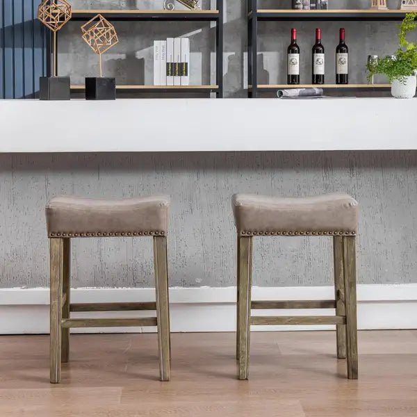 A&A Furniture Gray Faux Leather Counter Height Bar Stools (Set of 2) - 26" Backless, Farmhouse Style - Minihomy