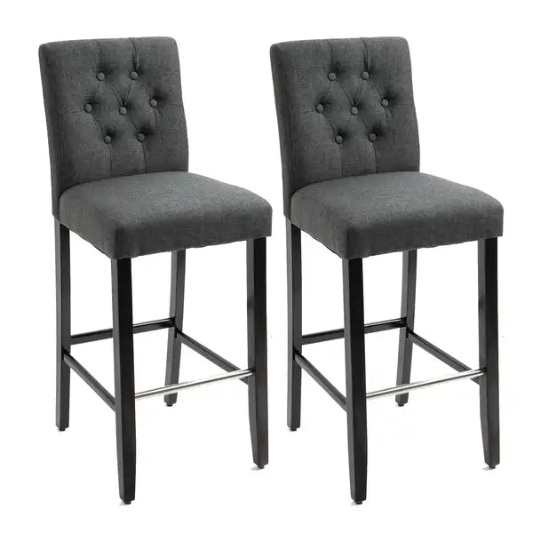 HOMCOM Grey Linen Bar Stools - 2-Piece Set, 30" High with Backrest & Footrest