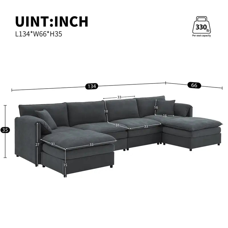 U-Shaped Chenille Sectional Sofa Bed - 6 Seats, Oversized Living Room Couch