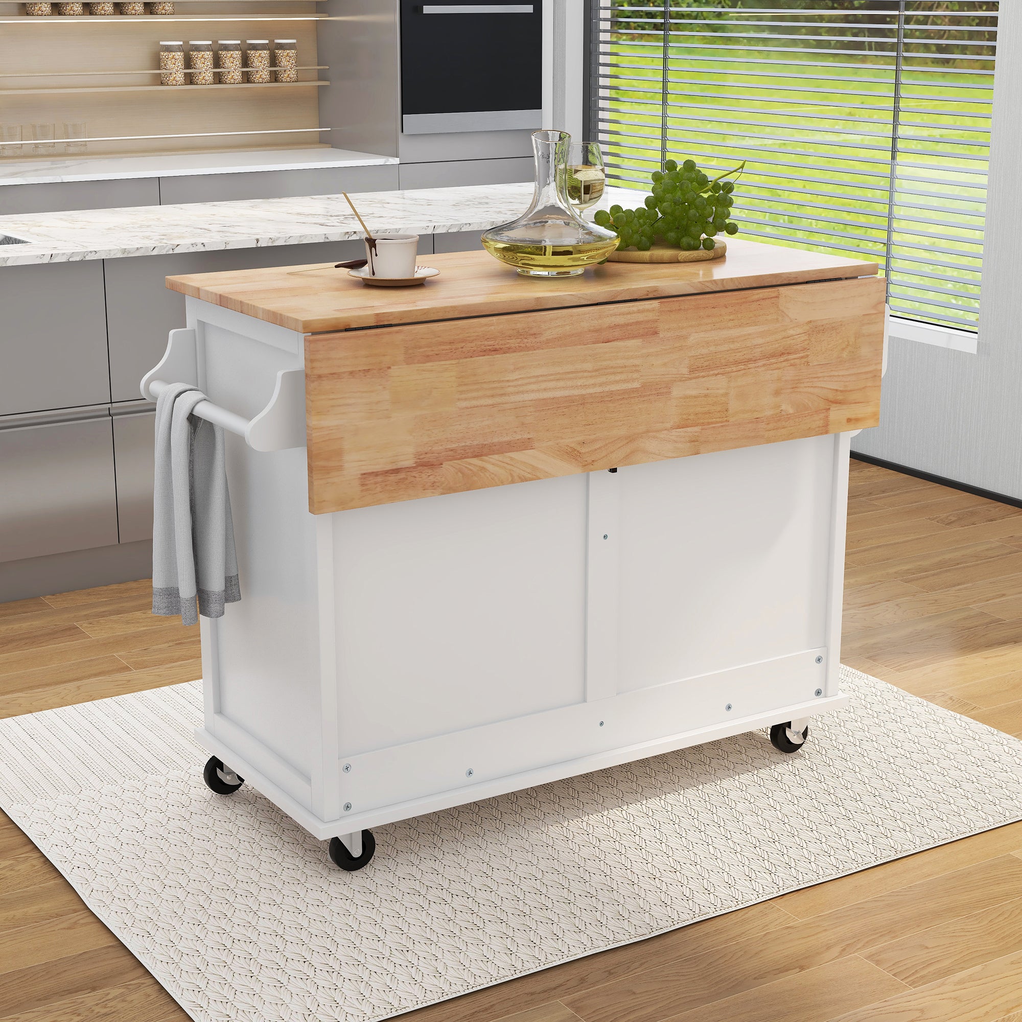 Kitchen Island Cart with Drop-Leaf Countertop, Adjustable Height, Storage & Wheels, White - 52.2x30.5x36.6 inch