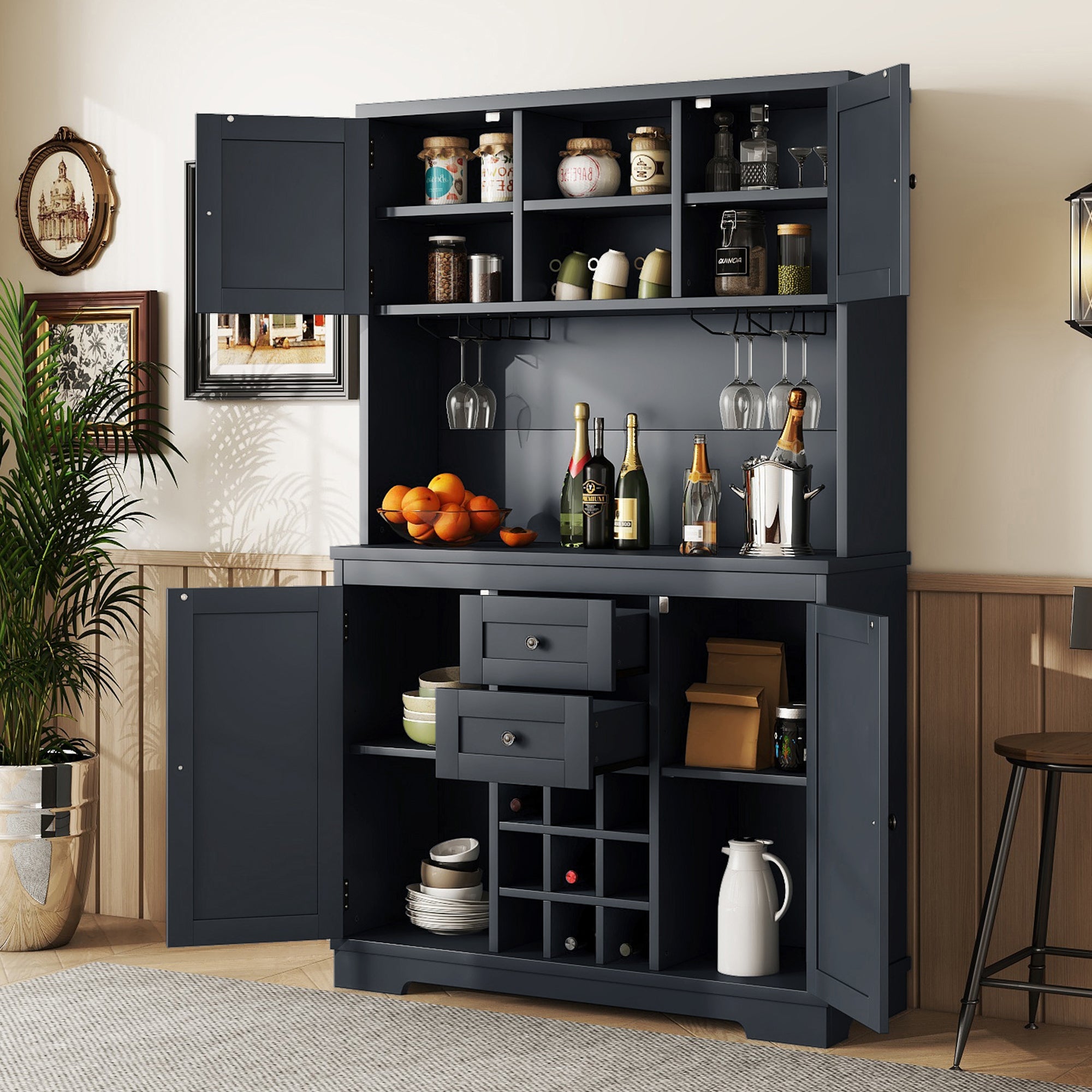 Farmhouse Coffee Bar Cabinet with Storage, Wine Rack & Drawers, Dark Blue - Kitchen & Dining Room Buffet