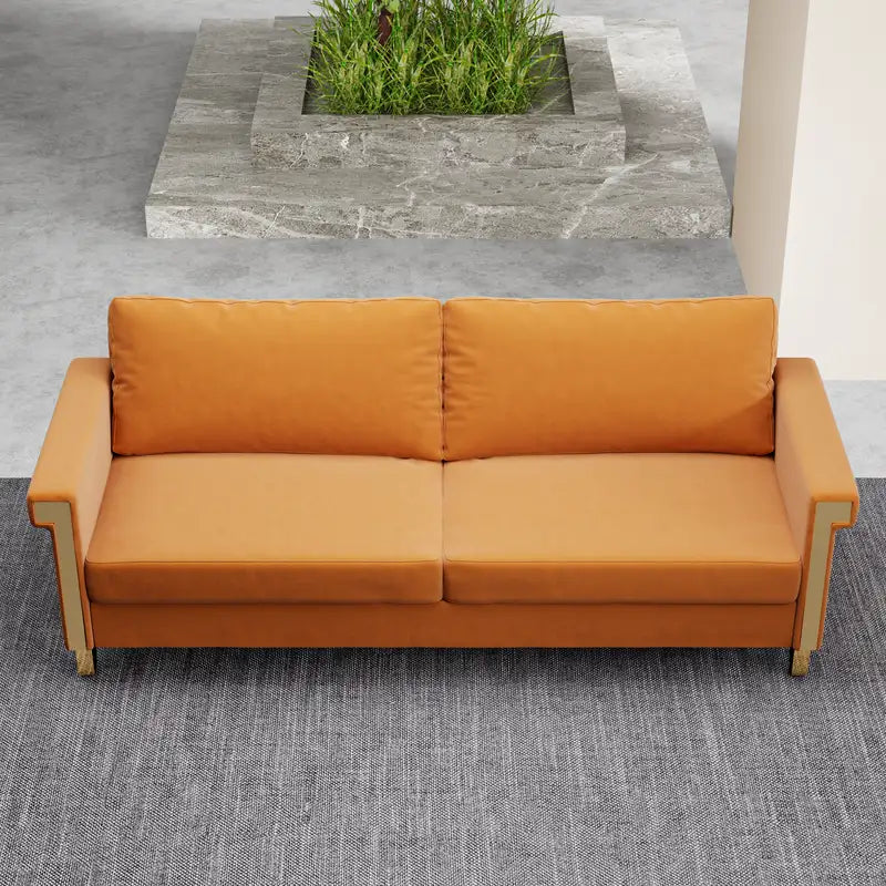 Modern Orange Velvet Sofa - 76" Wide, Gold Legs, Deep Cushions