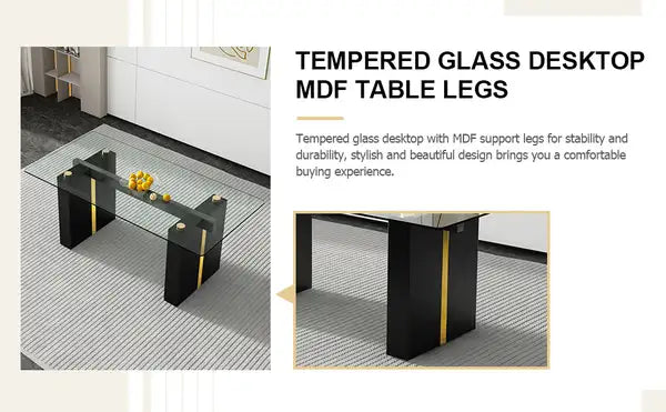 Large Rectangular Glass Dining Table for 6-8 People - Modern Simple Design, Tempered Glass Top, MDF Legs - Minihomy