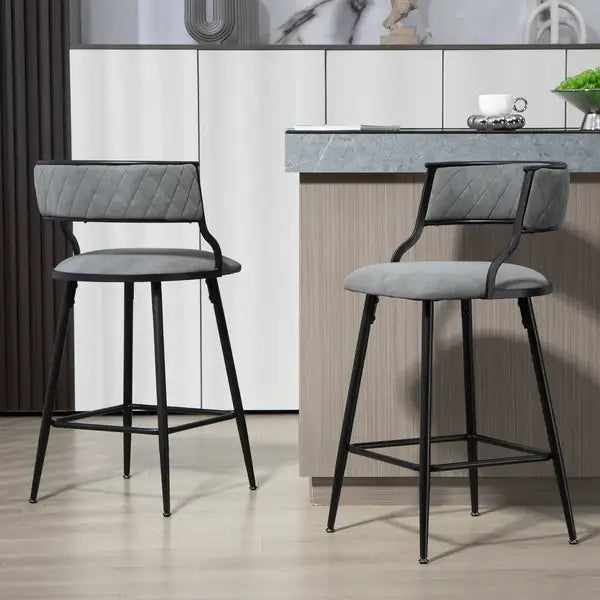 Grey Counter Height Bar Stools - 26" PU Leather Seat & Black Base - Minihomy